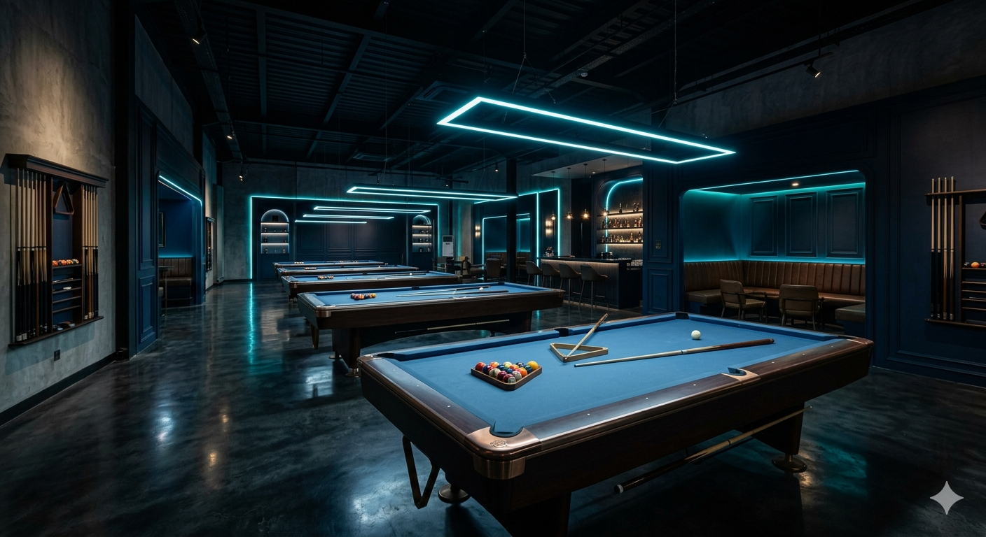 Area meja billiard DX Billiards